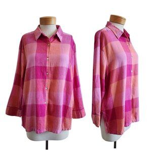 French Laundry Linen Blend Plaid Mother Of Pearl Collared Button Down Shirt XL